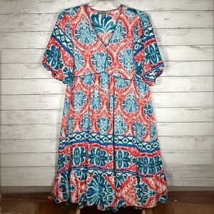 Figueroa & Flower Puff Sleeve Bohemian Maxi Ruffle Hem Coral Turquoise Dress L